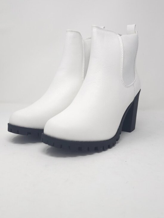 Forever Link Shoes - White Chunky Heel Ankle Boots Chelsea Style Platform Minimalist Trendy